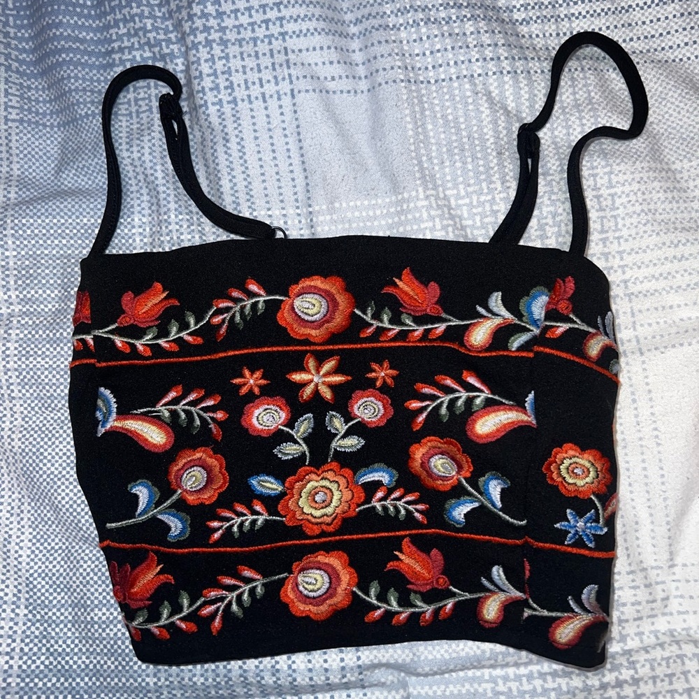 Small Flower Stitched Black Crop Top